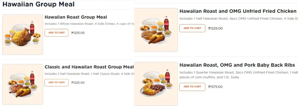 Hawaiian Group Meal Menu Price